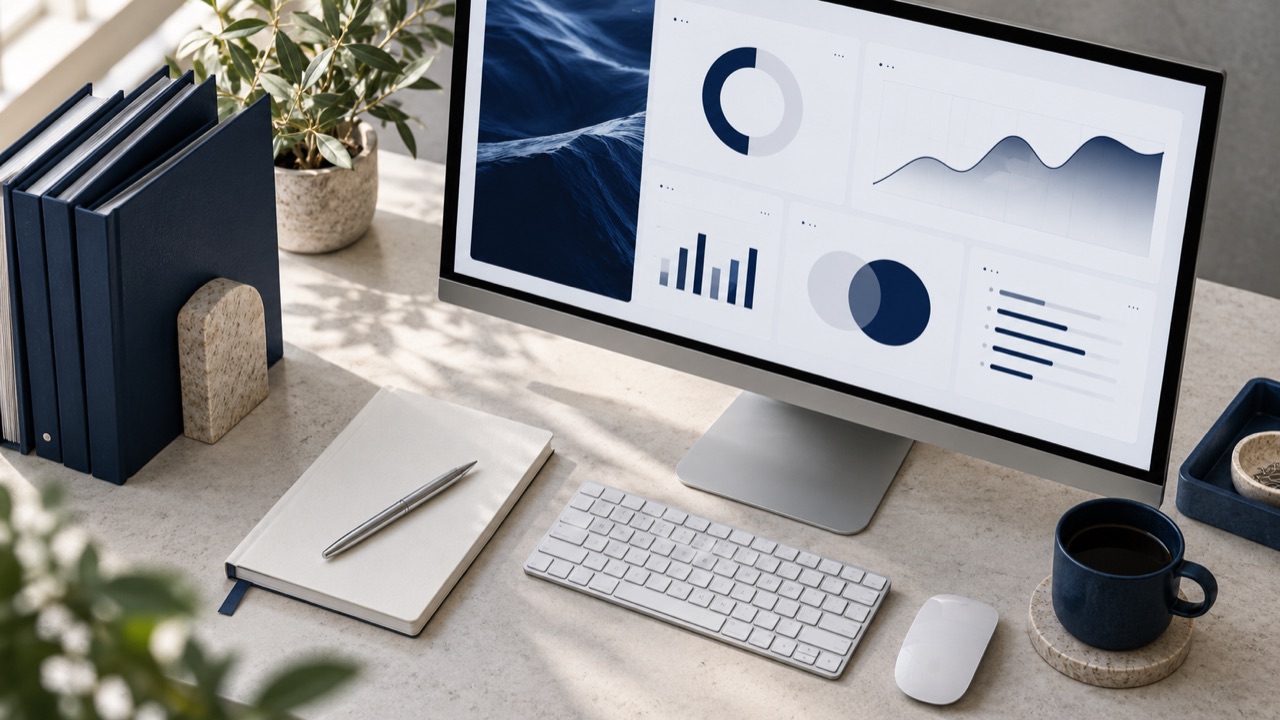 Illustrative business dashboard with organised planning materials.