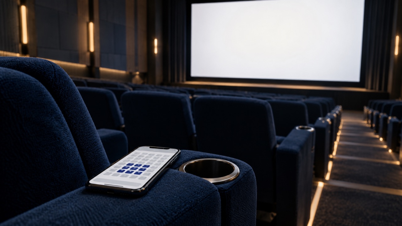 Illustrative cinema auditorium and mobile seat-selection interface.