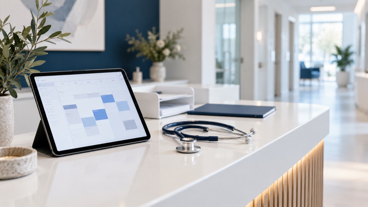 Illustrative clinic reception with appointment scheduling on a tablet.