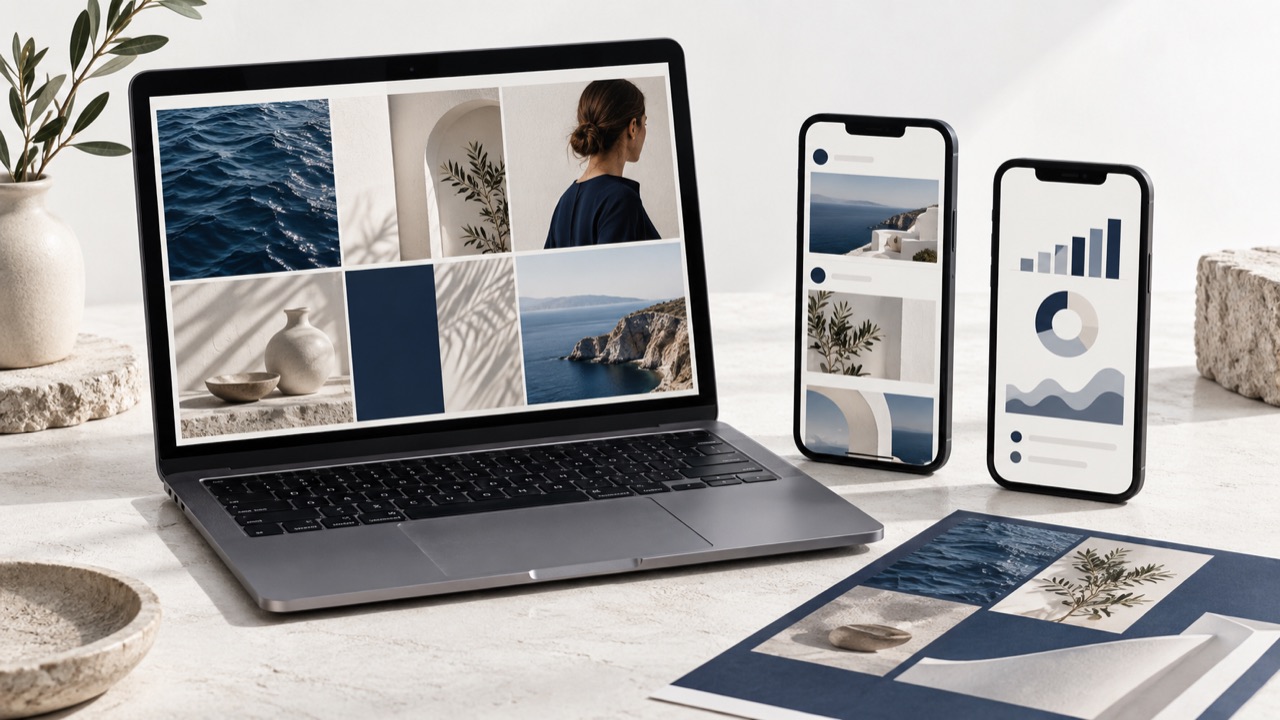 Illustrative digital campaign content, social media feed and audience reporting across laptop and phone screens.