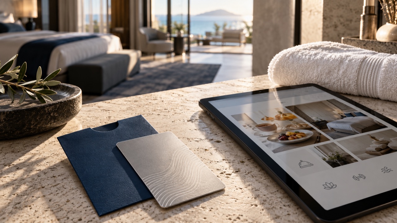 Illustrative hotel guest essentials and a digital guest-service interface.