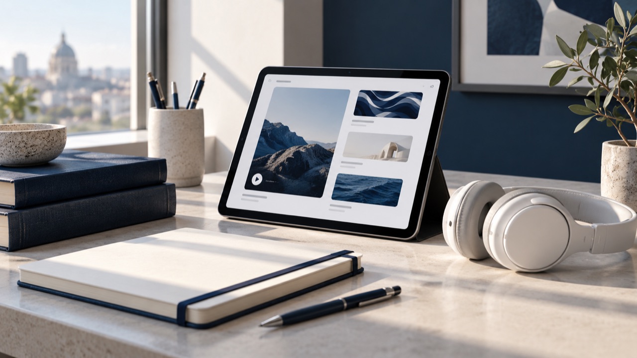Illustrative digital learning setup with books, headphones and a tablet.