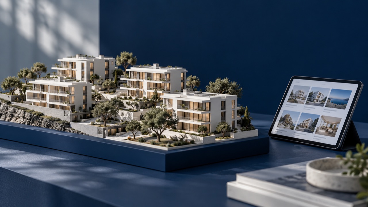Architectural model and illustrative property-listing interface.