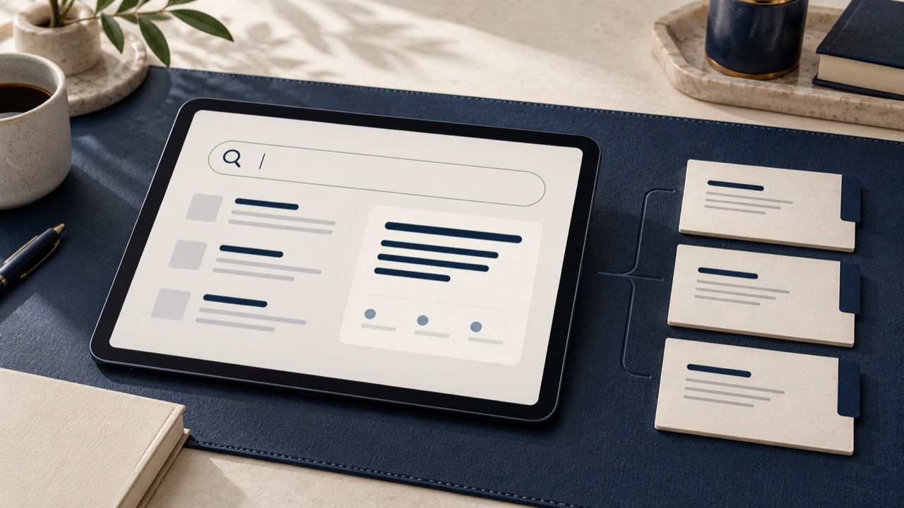 Illustrative search results and an answer panel beside reference cards on a navy desk mat.