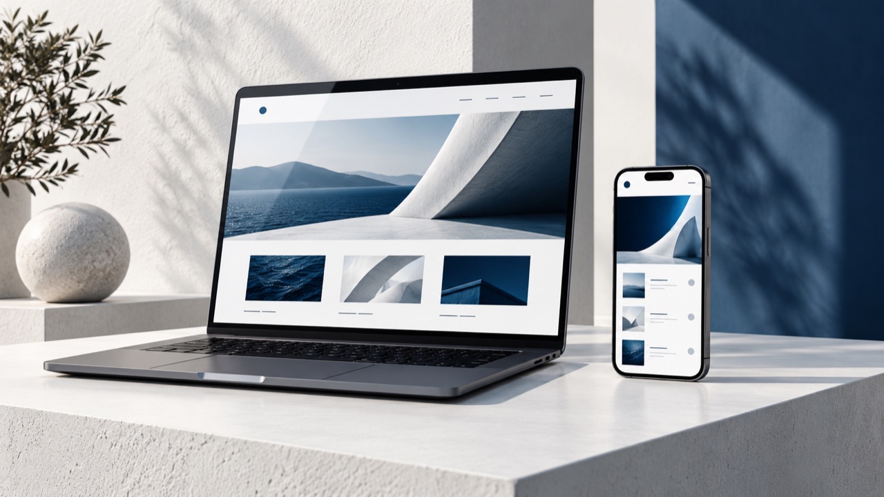 Illustrative website and mobile interfaces on a laptop and phone.