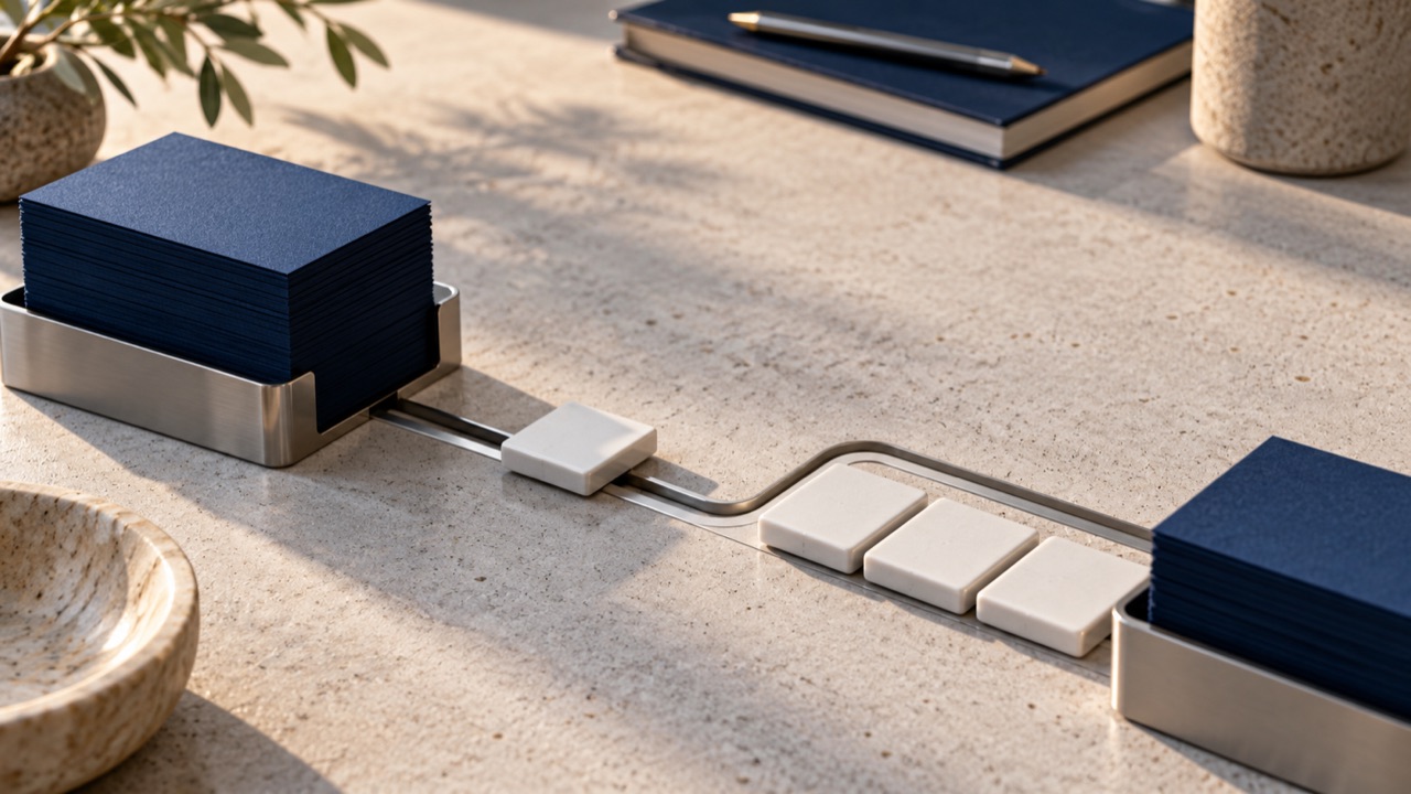 Physical concept of organised tasks moving through a connected workflow.